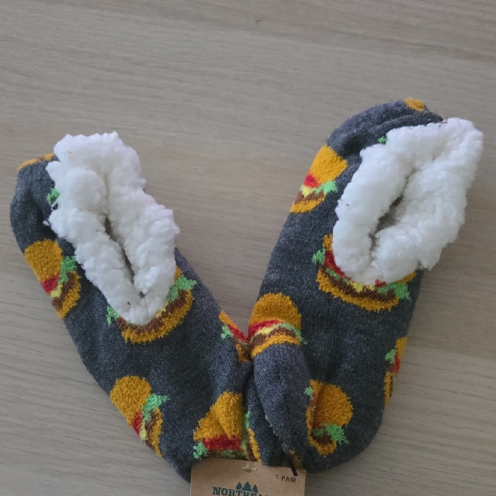 Cozy Gray Slipper Socks with Burger Design
